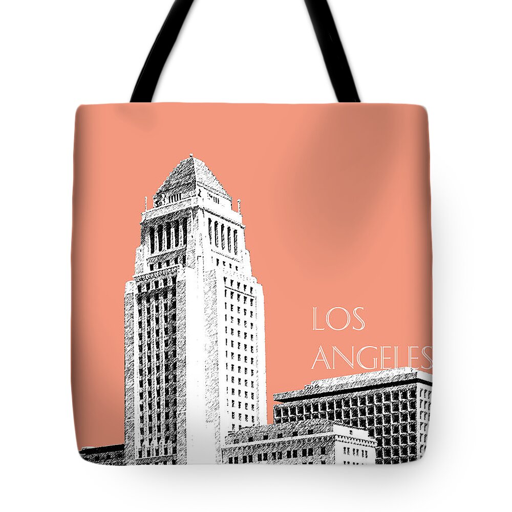 Architecture Tote Bag featuring the digital art Los Angeles Skyline City Hall - Salmon by DB Artist