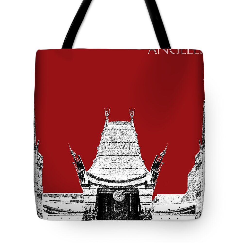 Architecture Tote Bag featuring the digital art Los Angeles Skyline Graumans Chinese Theater - Dark Red by DB Artist