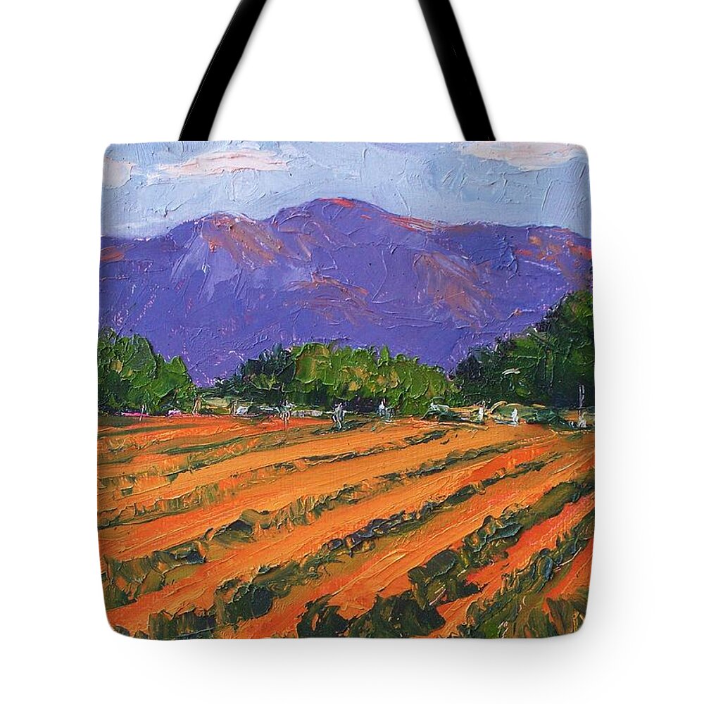 Landscape Tote Bag featuring the painting Los Poblanos Fields New Mexico by Marian Berg