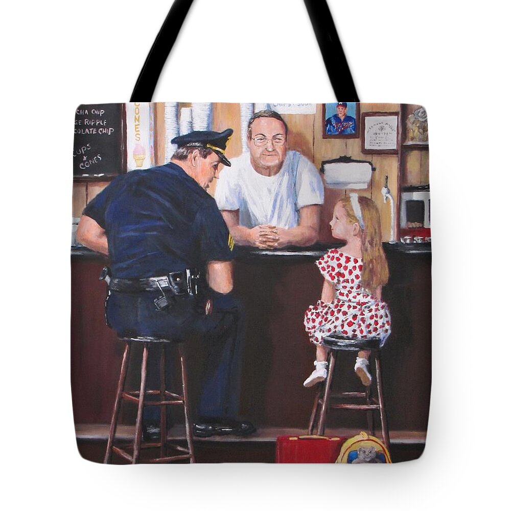 Police Tote Bag featuring the painting Lost And Found by Jack Skinner