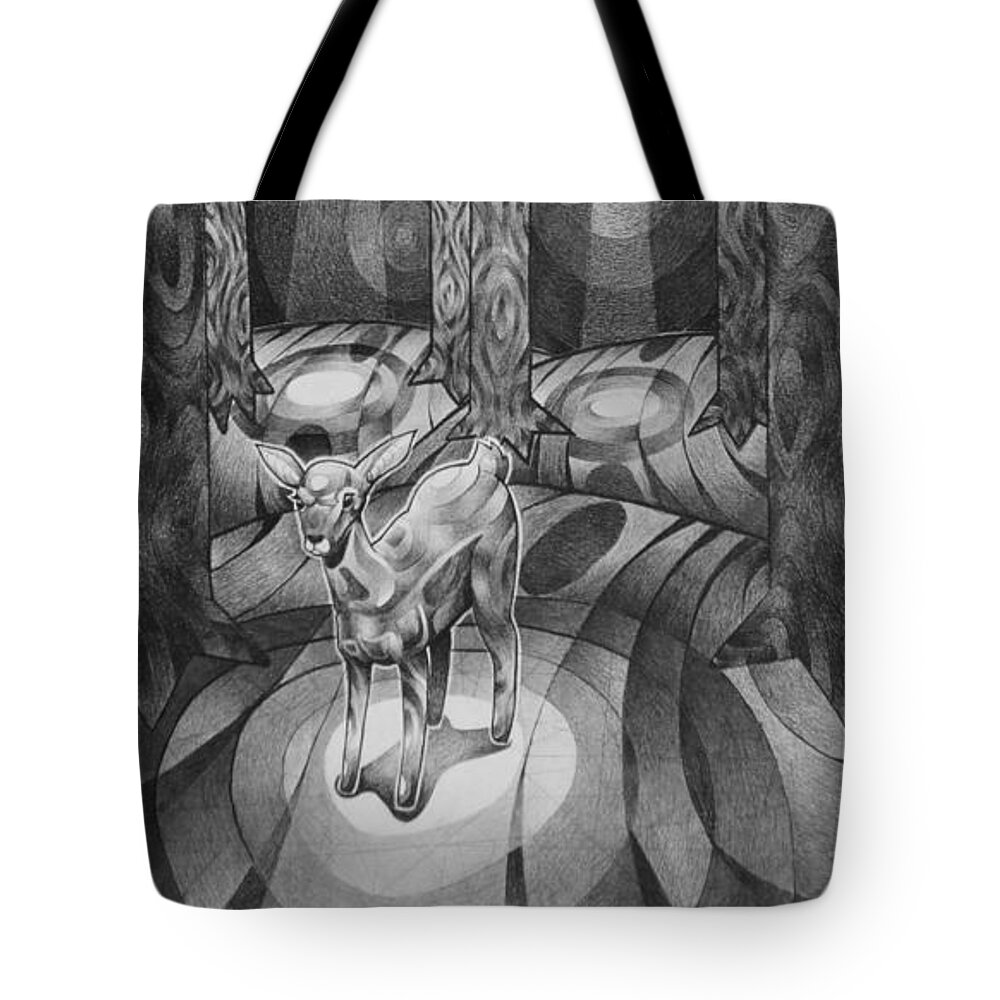  Tote Bag featuring the drawing Lost In The Woods by Myron Belfast