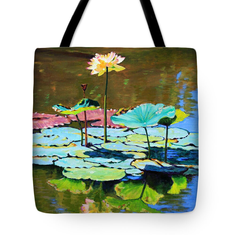 Lotus Tote Bag featuring the painting Lotus Above the Lily Pads by John Lautermilch