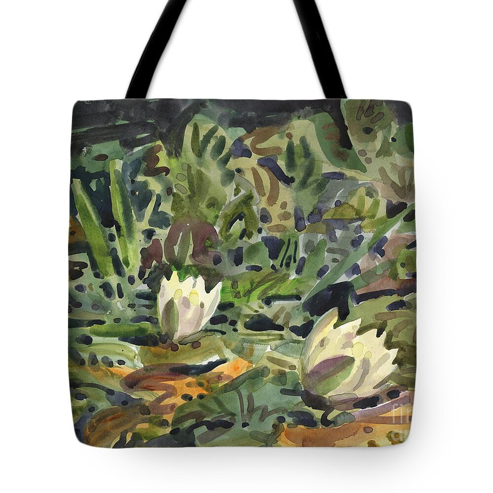 Waterlilies Tote Bag featuring the painting Lotus Pond by Donald Maier