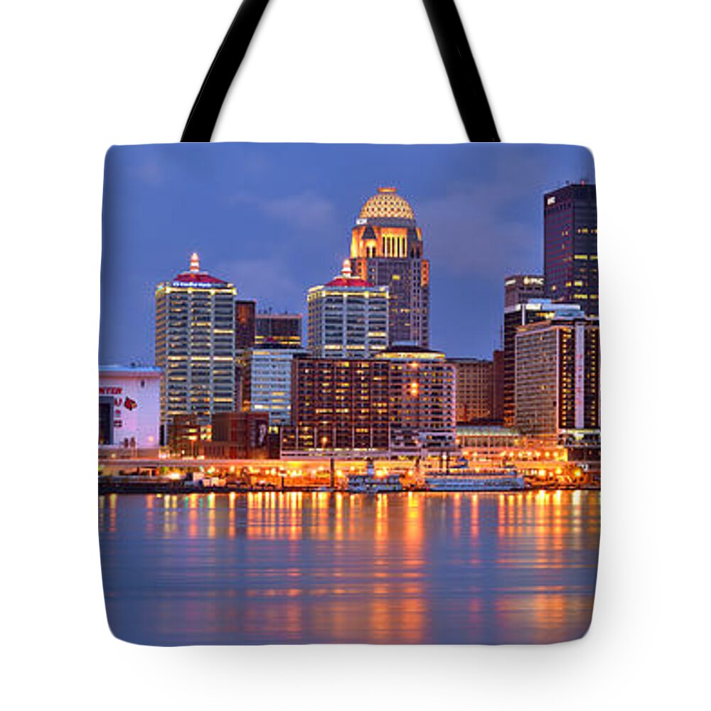 Louisville Skyline Tote Bag featuring the photograph Louisville Skyline at Dusk Sunset Panorama Kentucky by Jon Holiday