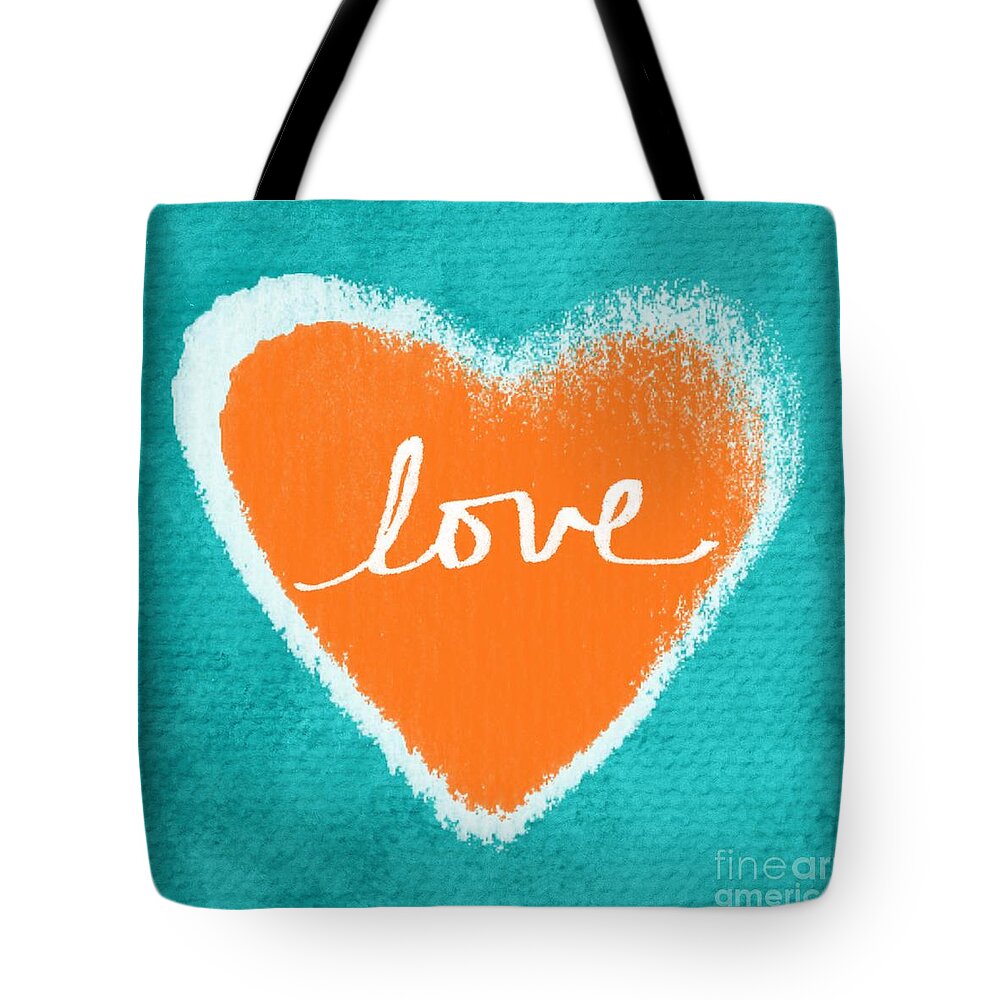 Heart Love Blue Aqua Orange White Painting teen Room Valentine Romance Sweet Teenager Art For Dorm Orange Blue White Sister Mother Husband Wife Art For School Art For Home Wedding Gift Baby Shower Gift Anniversary Gift Tote Bag featuring the mixed media Love by Linda Woods