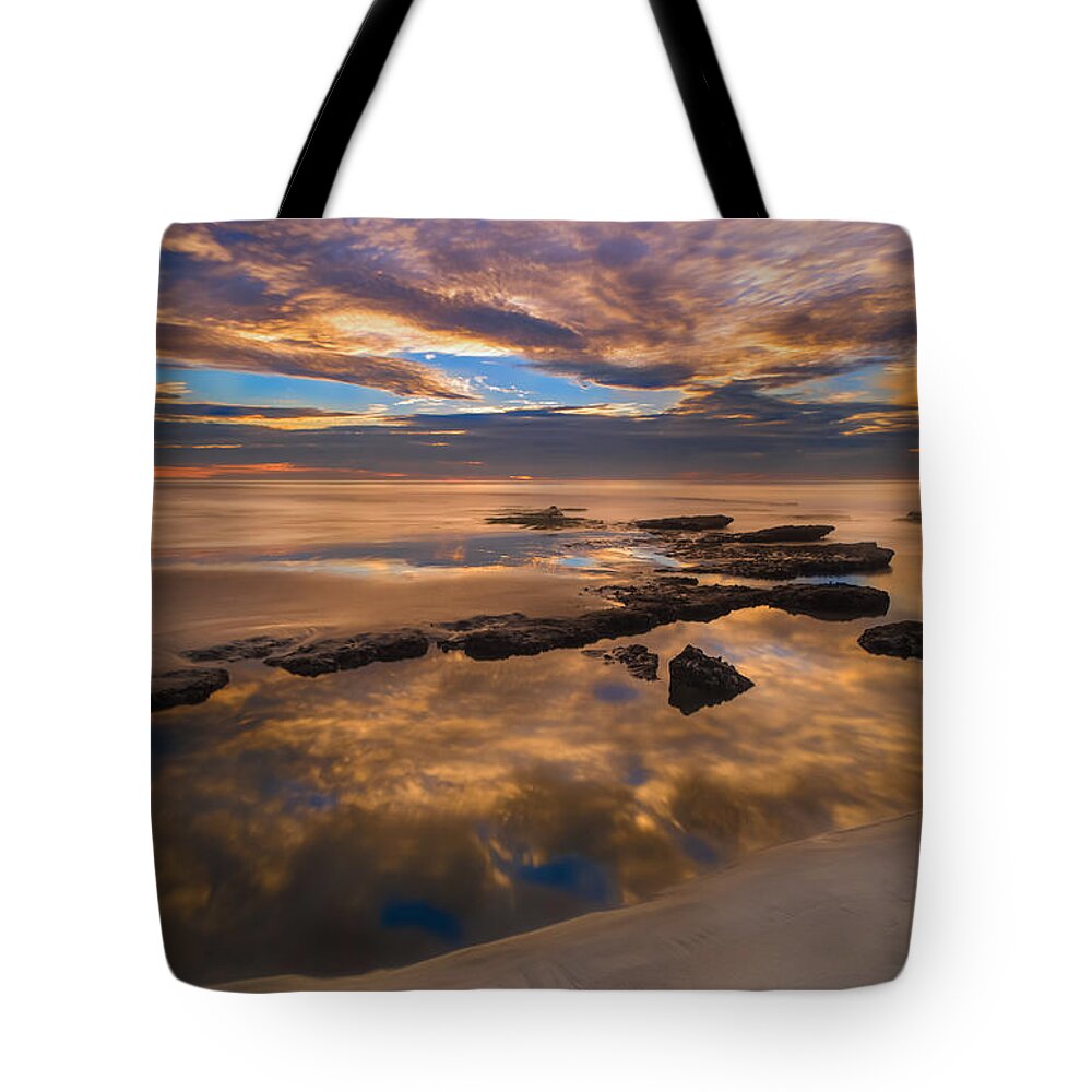 California; Long Exposure; Ocean; Reflection; San Diego; Seascape; Sky; Sunset; Surf; Seaside; Sun; Clouds; Reef Tote Bag featuring the photograph Low Tide Reflections by Larry Marshall