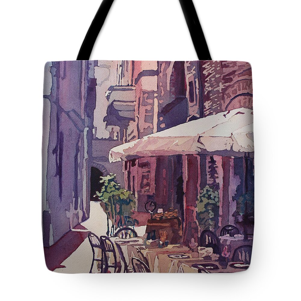 Lucca Tote Bag featuring the painting Lucca Cafe by Jenny Armitage