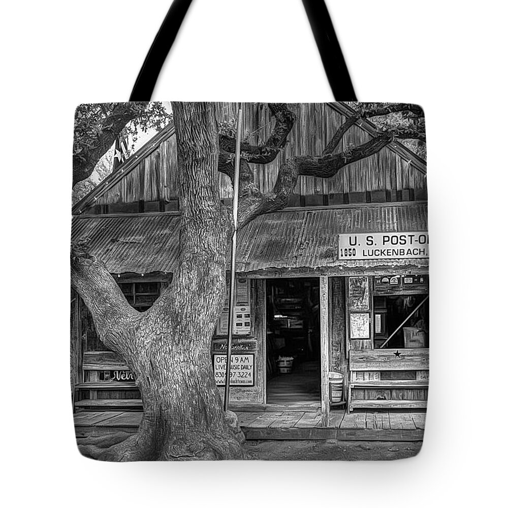 Luckenbach Tote Bag featuring the photograph Luckenbach 2 Black and White by Scott Norris