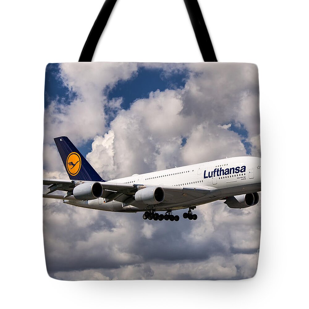 Airbus A380 Tote Bag featuring the photograph Lufthansa A380 Hamburg by Rene Triay FineArt Photos