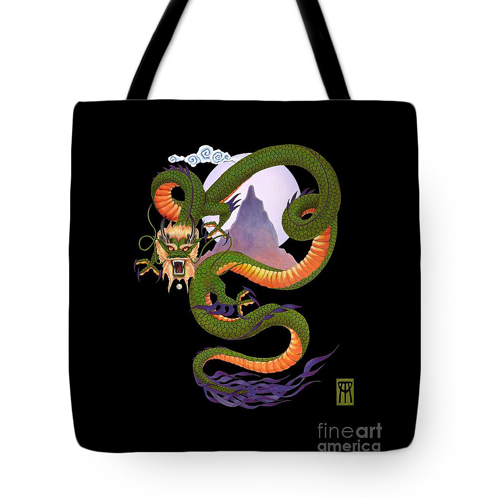 Dragon Tote Bag featuring the digital art Lunar Chinese Dragon on Black by Melissa A Benson