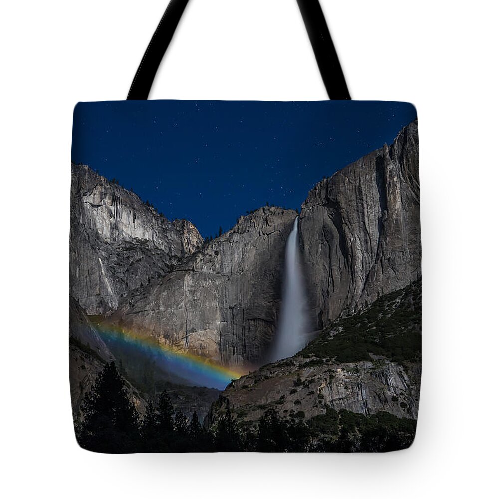 Falls Tote Bag featuring the photograph Lunar Moonbow at Yosemite Falls by Larry Marshall