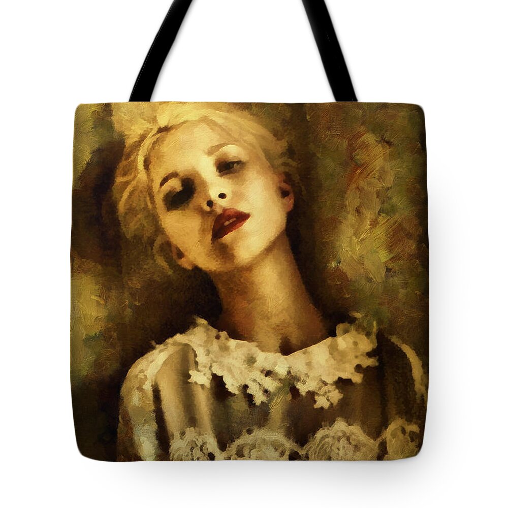 Lace Tote Bag featuring the painting Lurking In Lace by Janice MacLellan