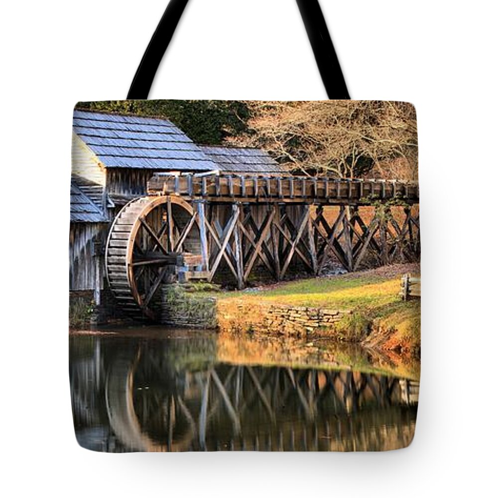 Mabry Mill Panorama Tote Bag featuring the photograph Mabry Grist Mill Fall Panorama by Adam Jewell