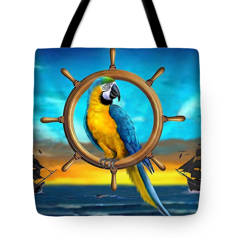 Blue And Yellow Macaw Parrot Tote Bag featuring the digital art Macaw Pirate Parrot by Glenn Holbrook