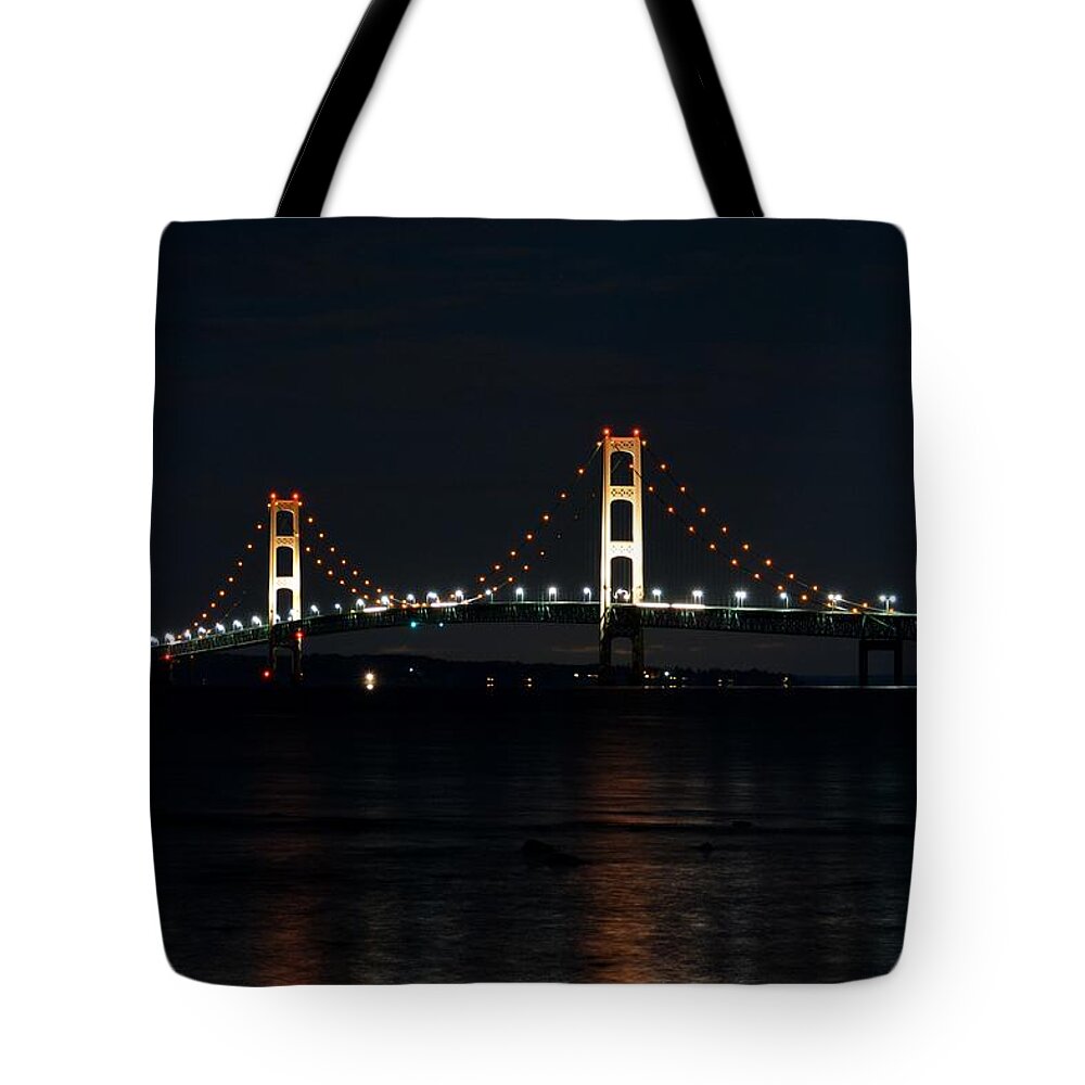 Mackinac Bridge Tote Bag featuring the photograph Mackinac Bridge at Night by Keith Stokes