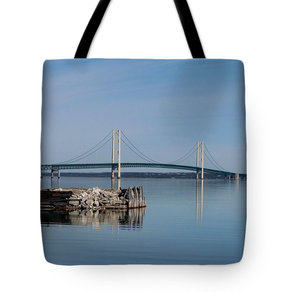 Mackinac Bridge Tote Bag featuring the photograph Mackinaw Reflections by Keith Stokes