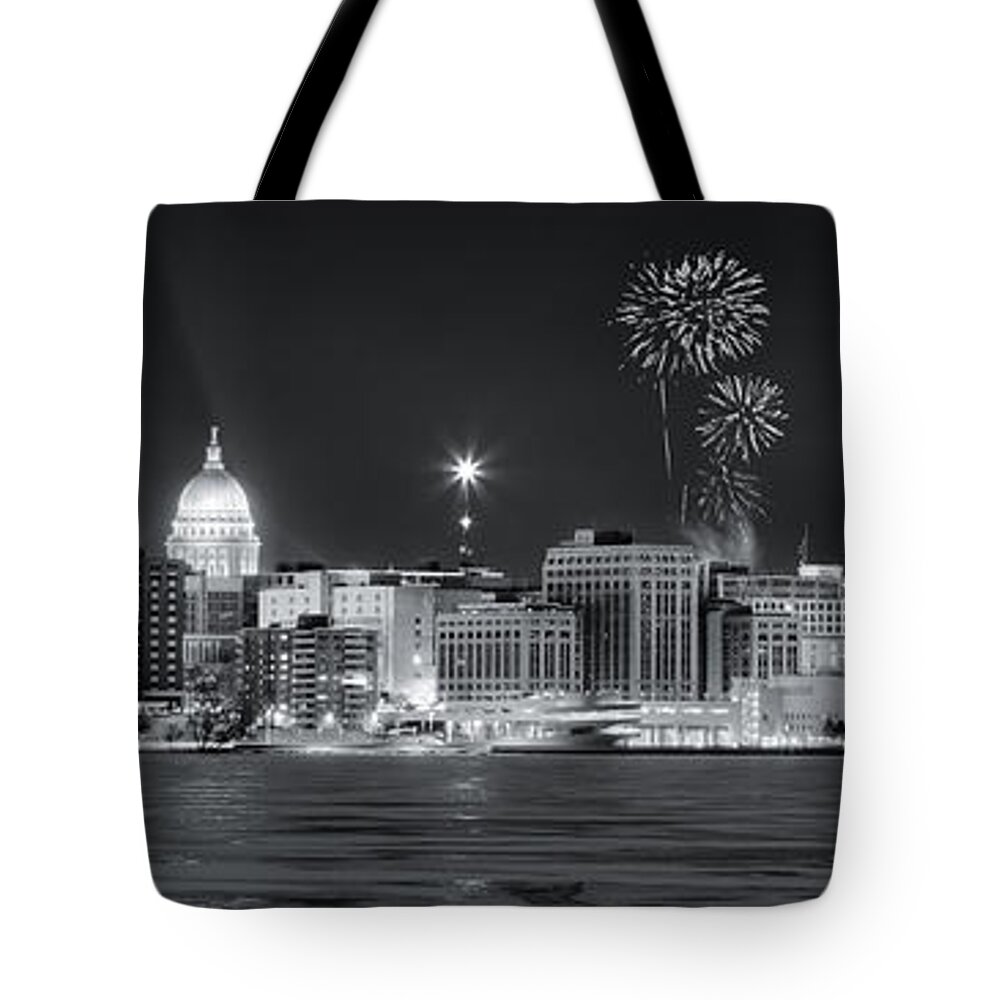 Capitol Tote Bag featuring the photograph Madison - Wisconsin - New Years Eve Panorama Black and White by Steven Ralser