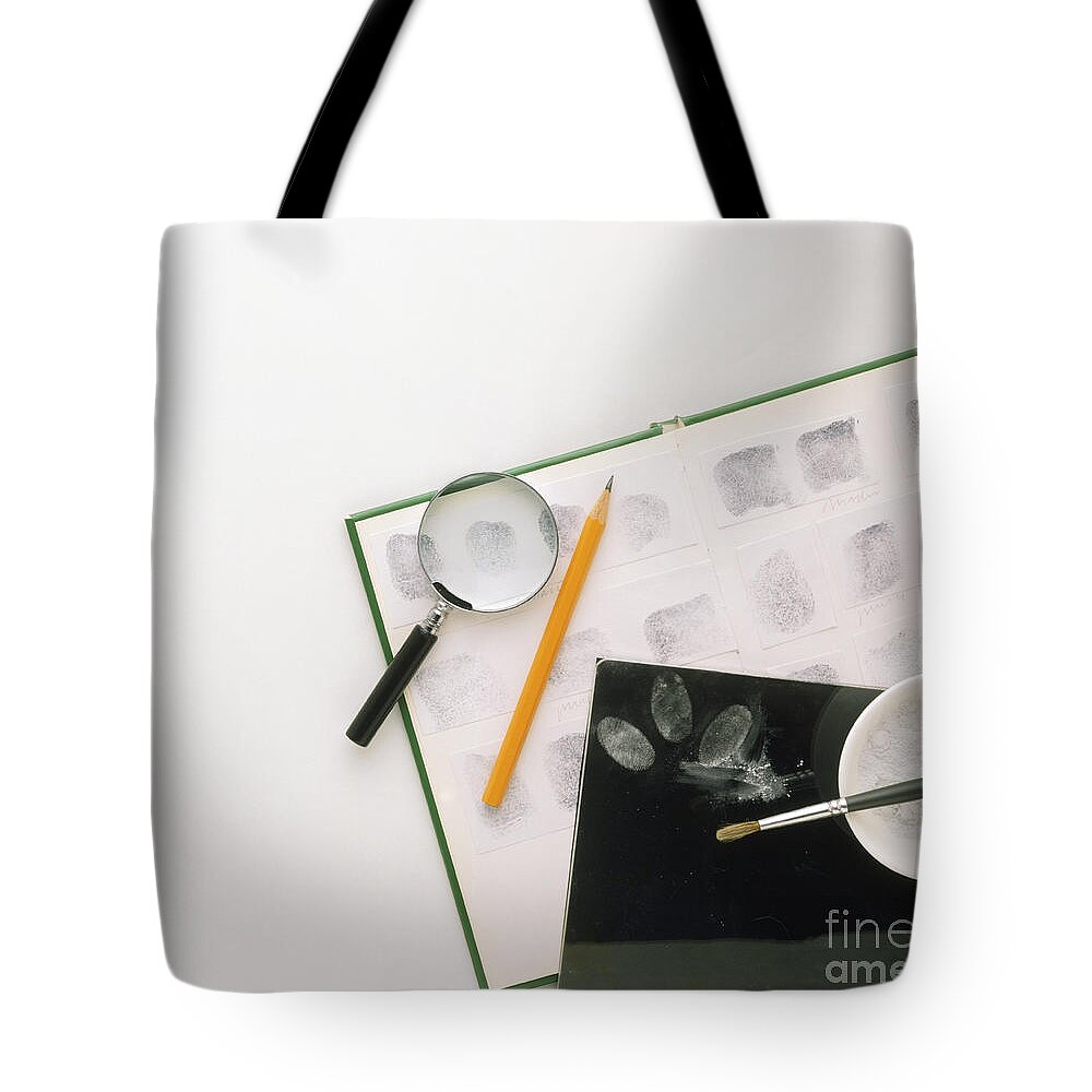 Fingerprints Tote Bag featuring the photograph Magnifying Glass, Pencil, Ink Pad, Talc by Dave King / Dorling Kindersley
