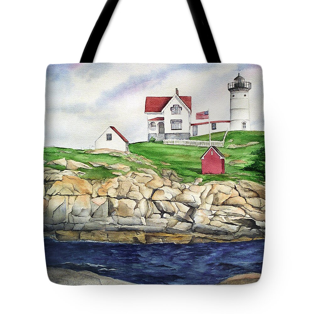 Maine Lighthouse Watercolor Painting Tote Bag featuring the painting Maine Lighthouse Watercolor by Michelle Constantine