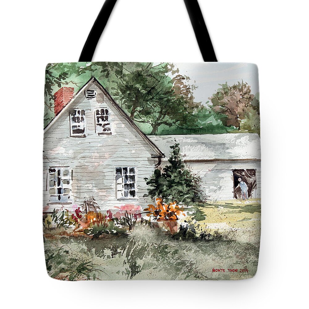 A Front Lawn Filled With Summer Flowers Decorate This Beautiful Home In Maine. Tote Bag featuring the painting Maine Sunshine by Monte Toon