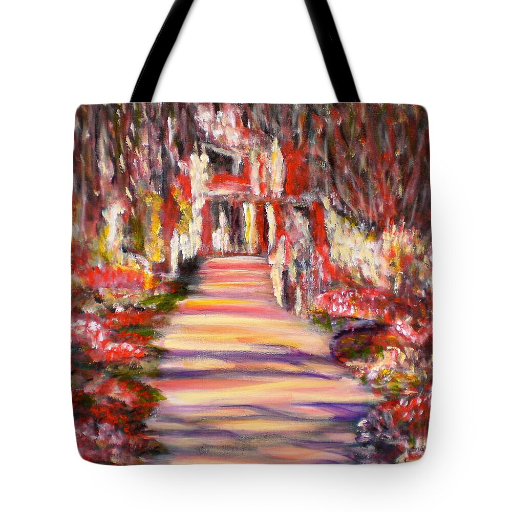 Garden Impressionist Red Yellow Blue Pink Flowers Romantic Reflections Landscape Monet Black Tote Bag featuring the painting Majestic Garden by Manjiri Kanvinde