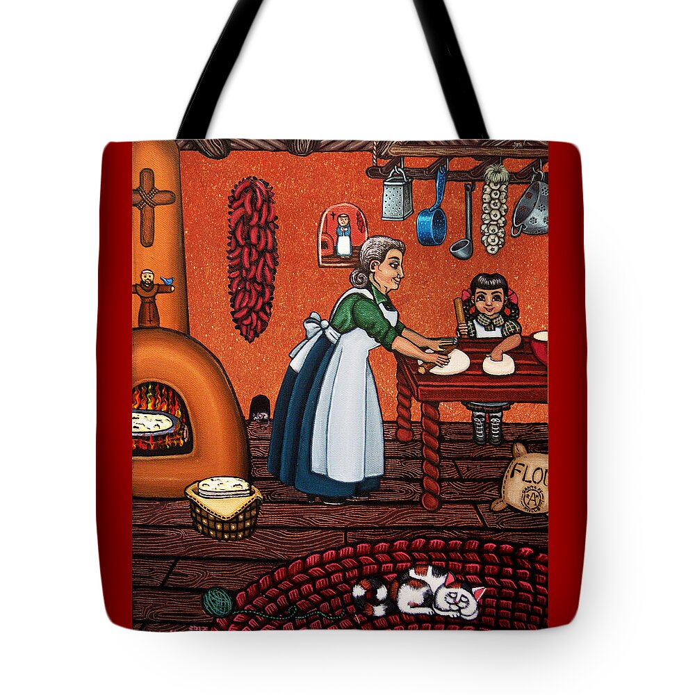 Cook Tote Bag featuring the painting Making Tortillas by Victoria De Almeida