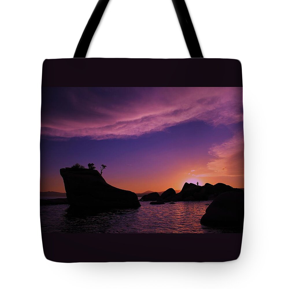 Lake Tahoe Tote Bag featuring the photograph Man in Sun at Bonsai Rock by Sean Sarsfield