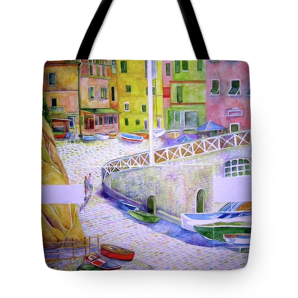 Cinque Terre Tote Bag featuring the painting Manarola by Kandy Cross