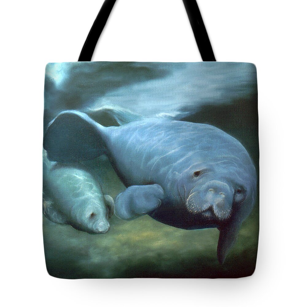 Manatees Tote Bag featuring the painting Manatee Madonna by Anni Adkins