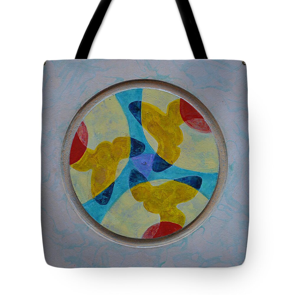 Mandala Round Circle Yellow White Blue Red Outsider Thirds Abstract Modern Raw Folk Tote Bag featuring the painting Mandala 4 Ready To Hang by Nancy Mauerman