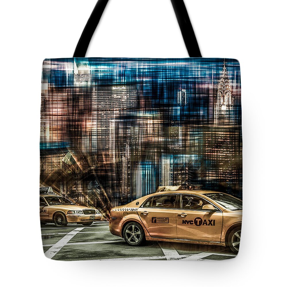 Nyc Tote Bag featuring the photograph Manhattan - Yellow Cabs - future by Hannes Cmarits