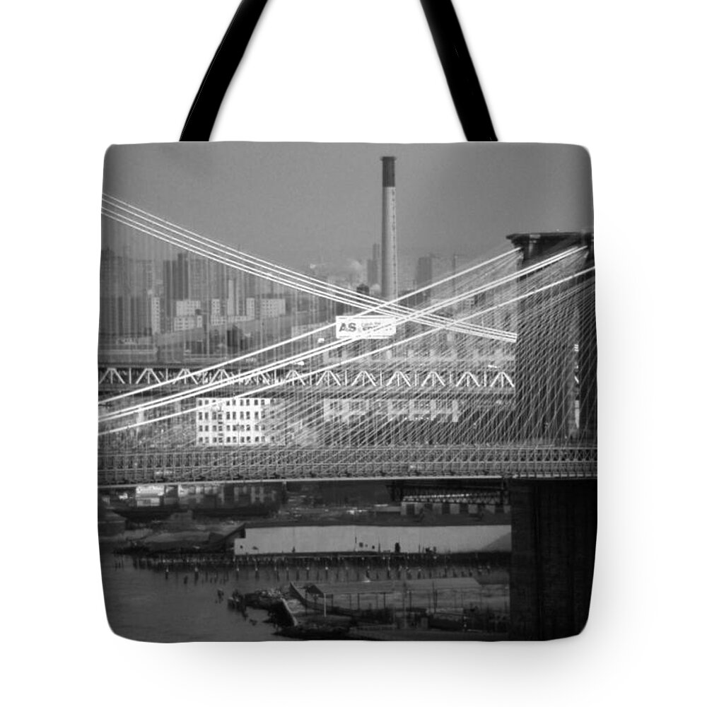 Bridges Tote Bag featuring the photograph Manhattan and Brooklyn Bridge's by John Schneider
