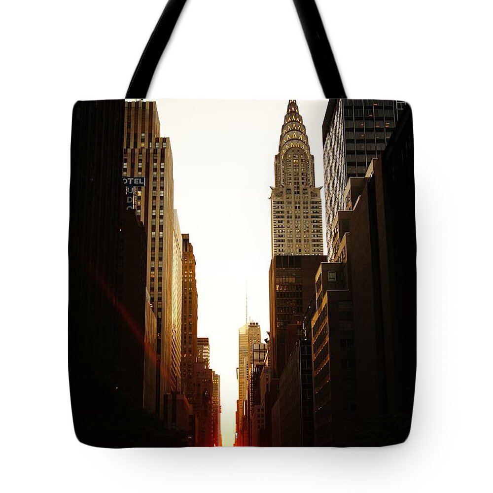 New York City Tote Bag featuring the photograph Manhattanhenge Sunset and the Chrysler Building by Vivienne Gucwa