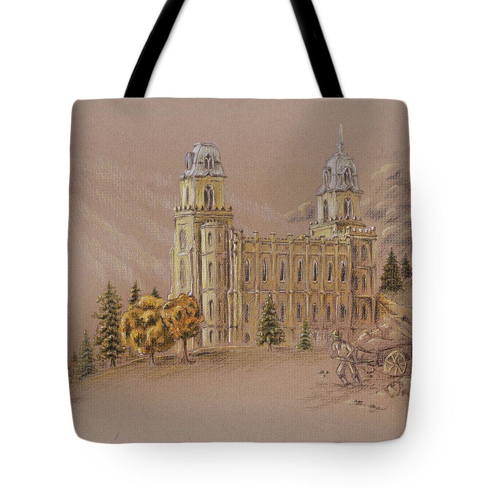 Manti Tote Bag featuring the drawing Manti Utah LDS Temple by Pris Hardy