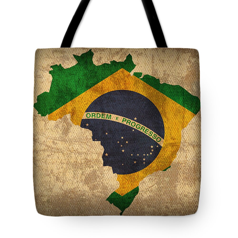 Map Of Brazil With Flag Art On Distressed Worn Canvas Tote Bag featuring the mixed media Map of Brazil With Flag Art on Distressed Worn Canvas by Design Turnpike