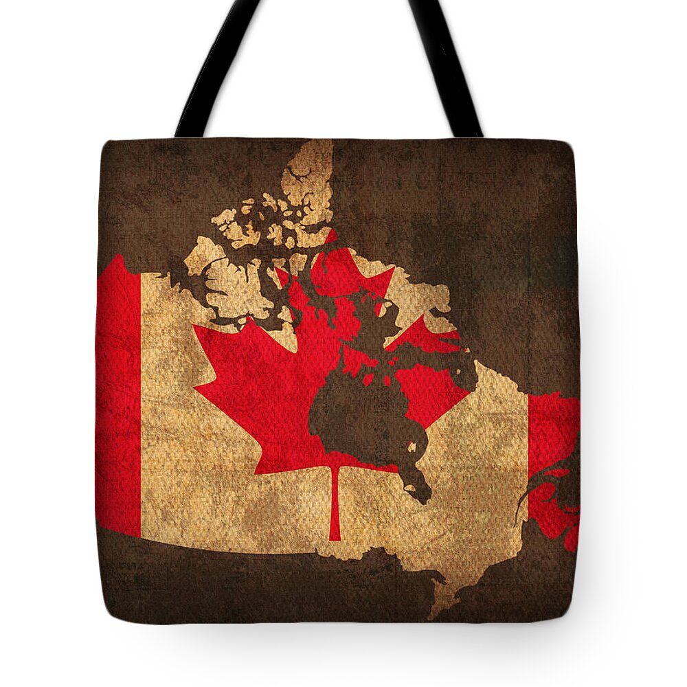 Map Of Canada With Flag Art On Distressed Worn Canvas Tote Bag featuring the mixed media Map of Canada With Flag Art on Distressed Worn Canvas by Design Turnpike