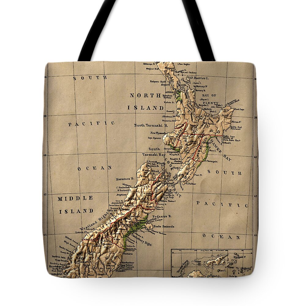 New Zealand Tote Bag featuring the photograph Map of New Zealand 1880 by Andrew Fare