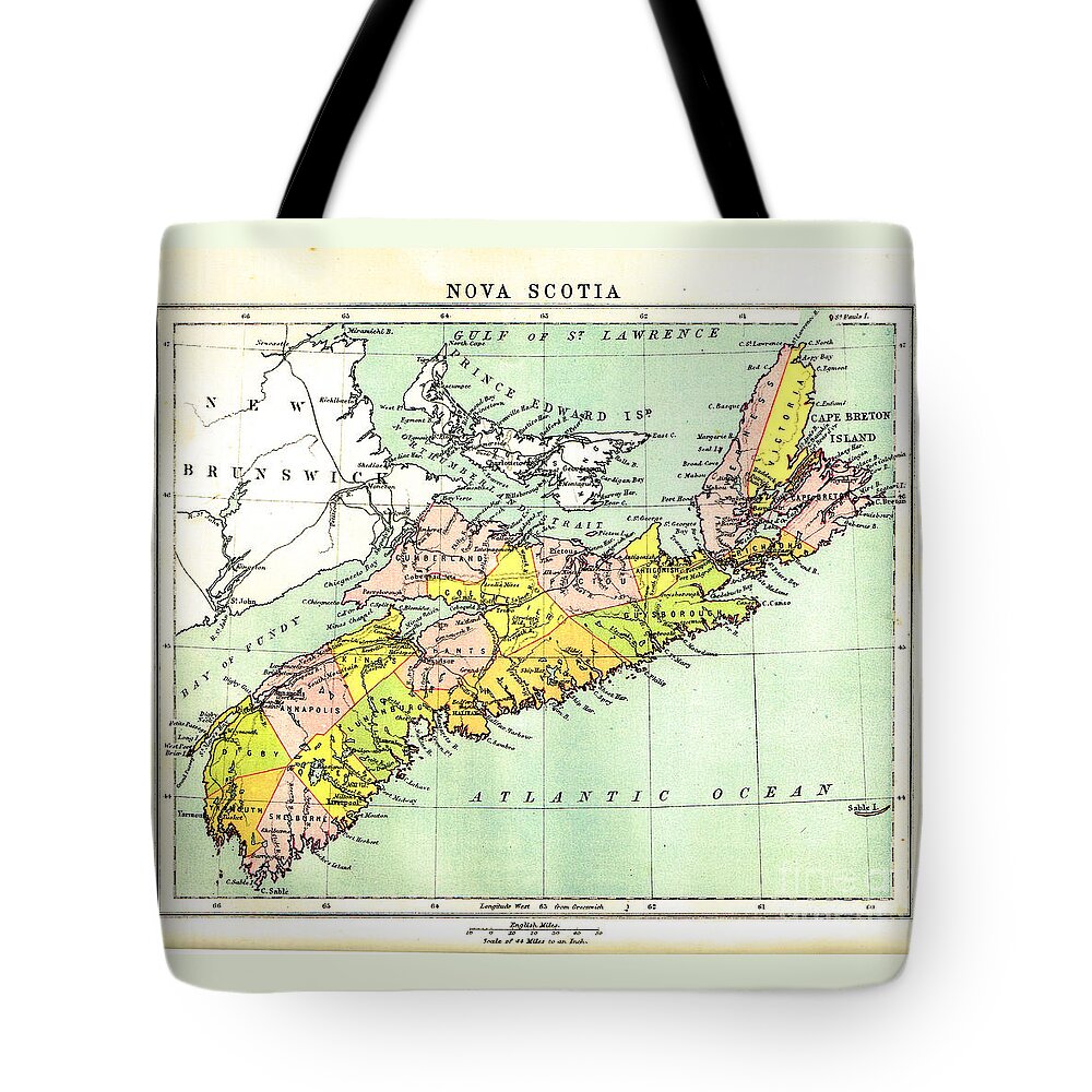 Canada Tote Bag featuring the drawing map of Nova Scotia - 1878 by Art MacKay