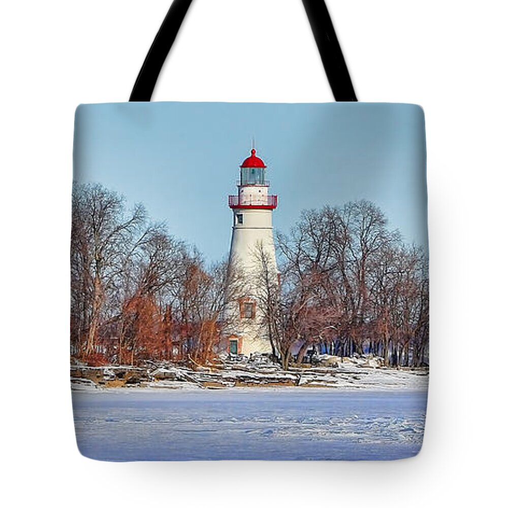 Marblehead Lighthouse Tote Bag featuring the photograph Marblehead Lighthouse in Winter by Jack Schultz