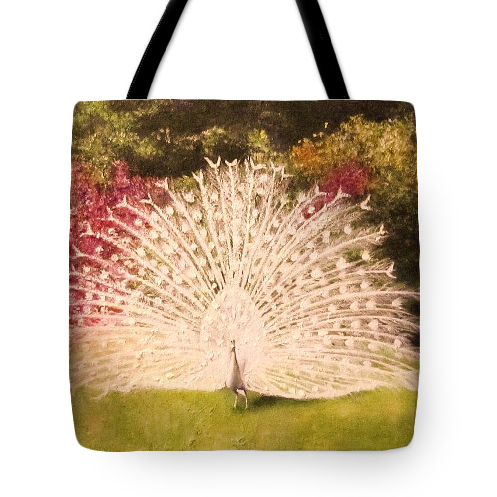 White Peacock Tote Bag featuring the painting Maria's White Peacock by Dalgis Edelson