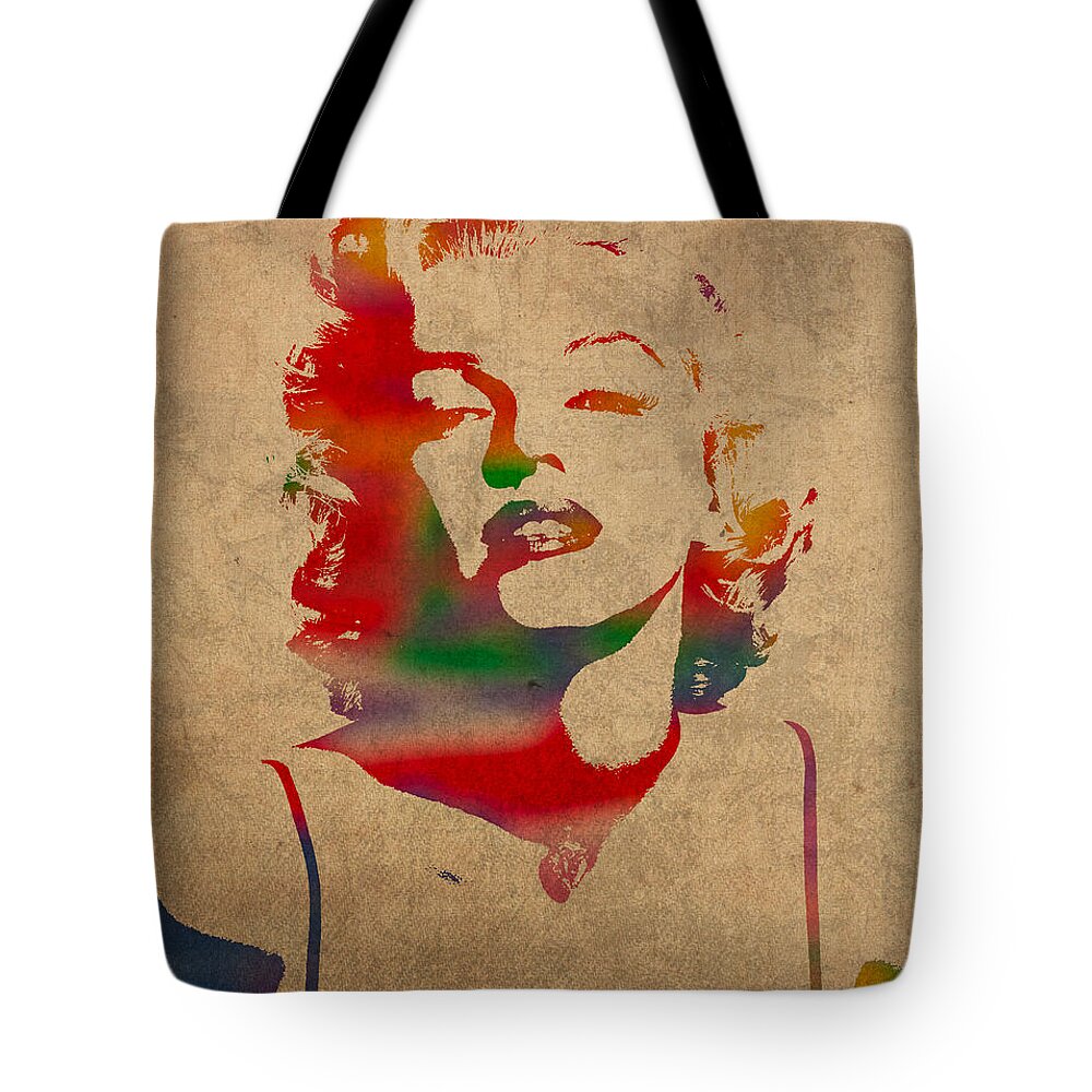 Marilyn Monroe Tote Bag featuring the mixed media Marilyn Monroe Watercolor Portrait on Worn Distressed Canvas by Design Turnpike
