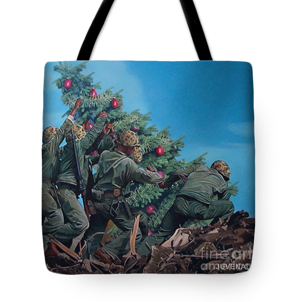 Canvas Prints Tote Bag featuring the digital art Marines Raise Christmas Tree by Joseph Juvenal