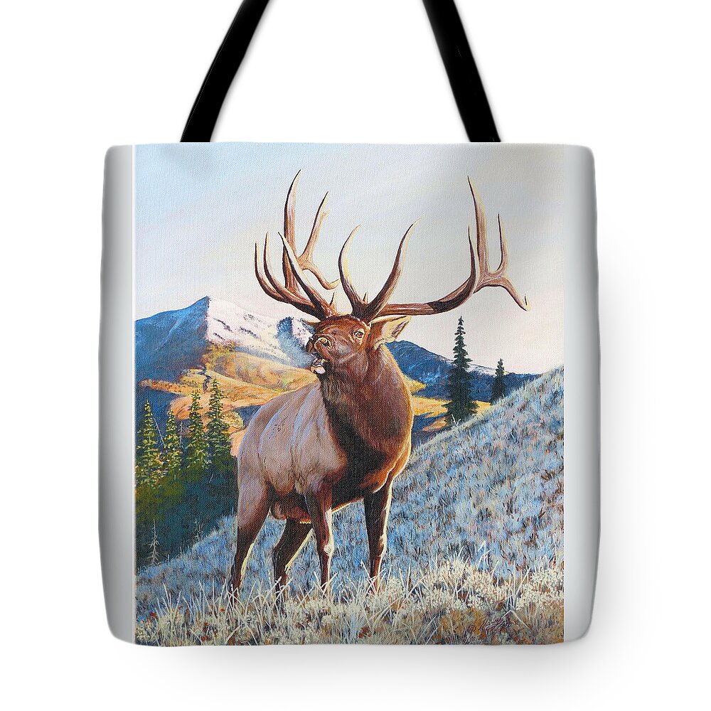 Bugling Bull Elk Tote Bag featuring the painting Mary's River Morning by Darcy Tate