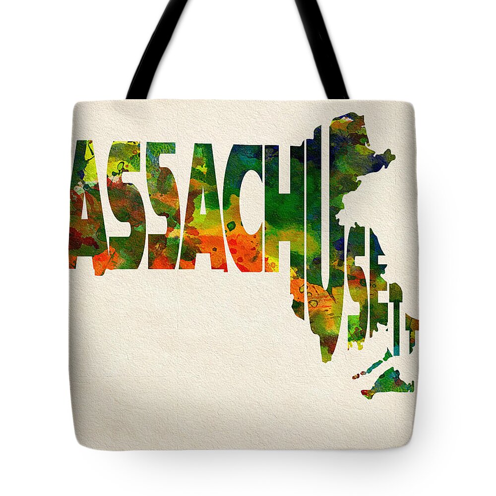 Massachusetts Tote Bag featuring the painting Massachusetts Typographic Watercolor Map by Inspirowl Design