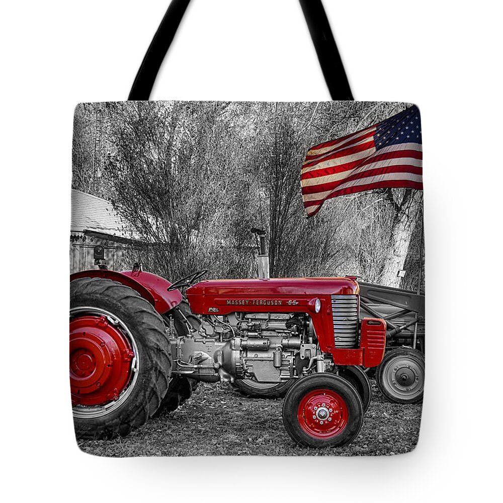 Tractor Tote Bag featuring the photograph Massey - Feaguson 65 Tractor with USA Flag BWSC by James BO Insogna