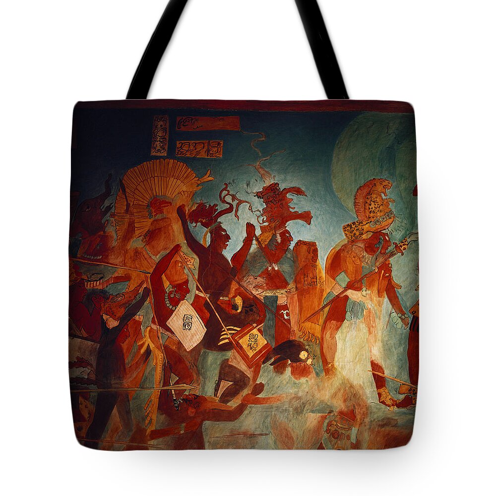 Ancient Tote Bag featuring the painting Maya Fresco At Bonampak by George Holton