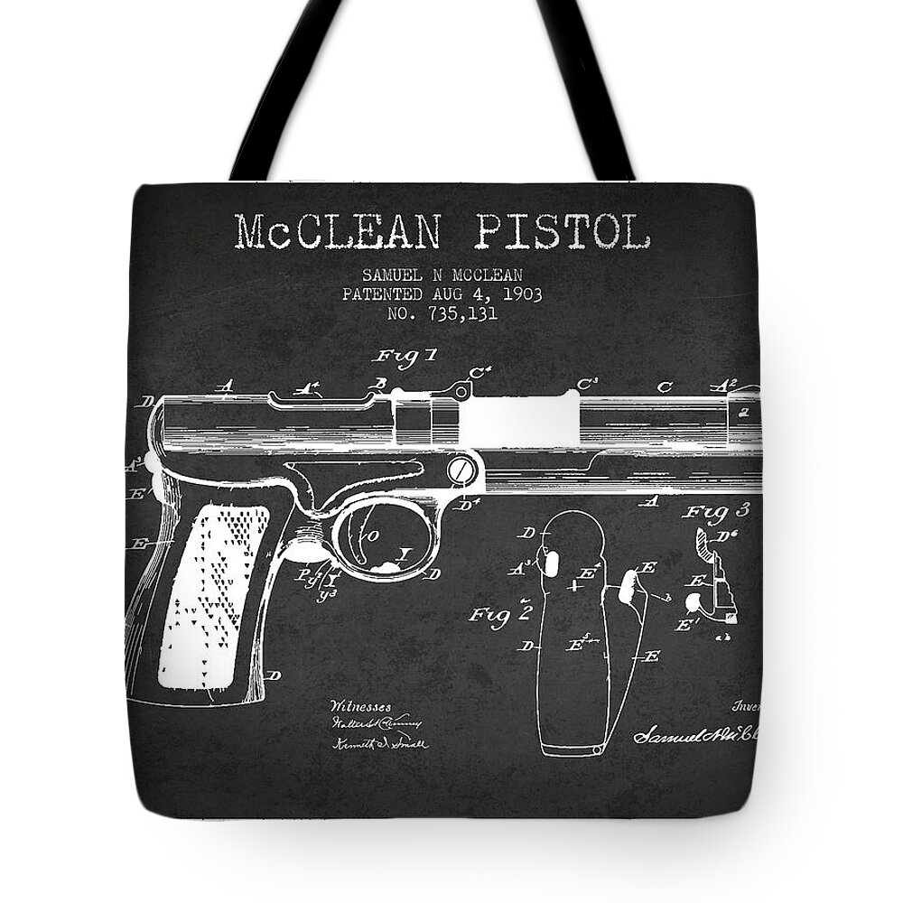 Pistol Patent Tote Bag featuring the digital art McClean Pistol Drawing from 1903 - Dark by Aged Pixel