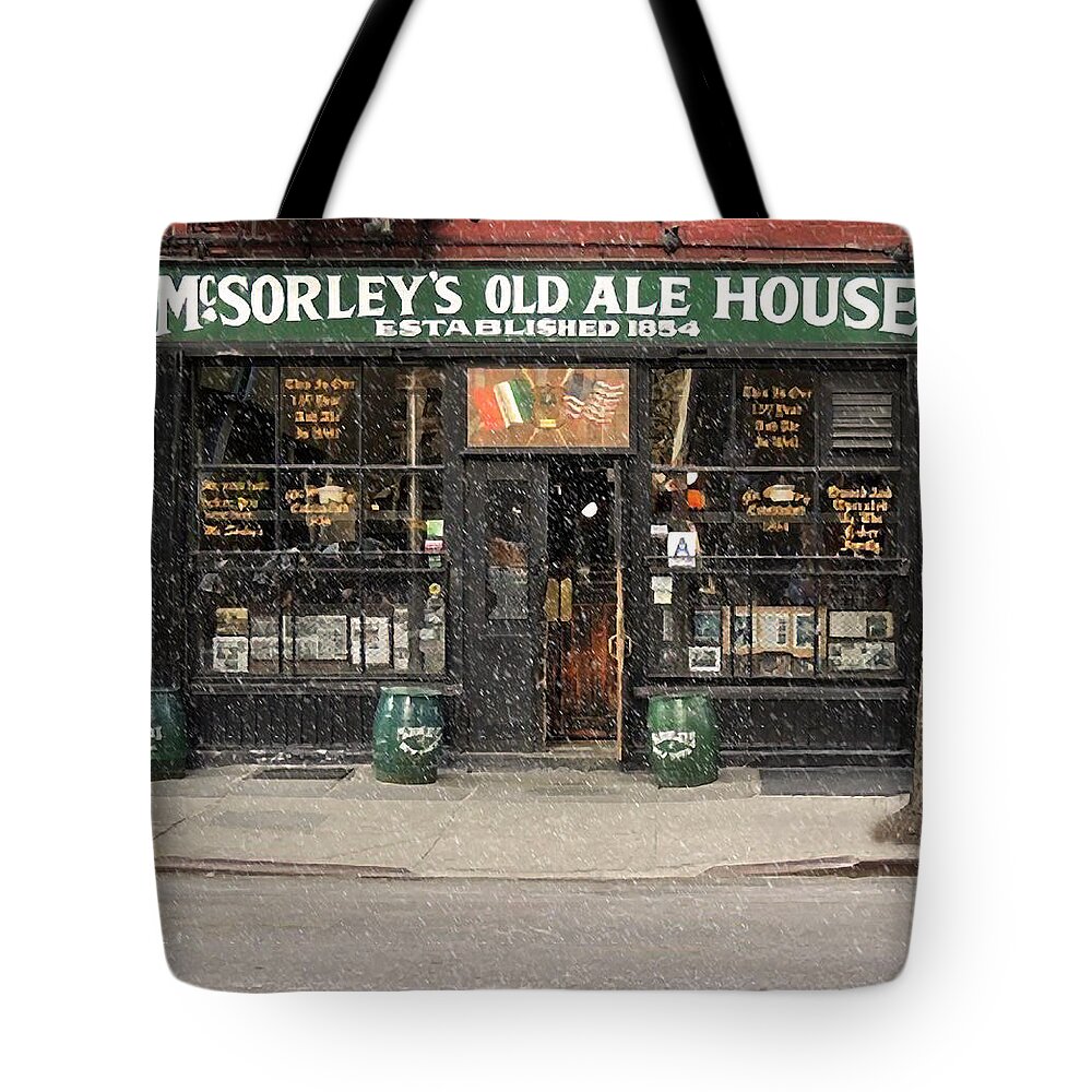 Mcsorley's Old Ale House Tote Bag featuring the photograph McSorley's Old Ale House During a Snow Storm by Doc Braham