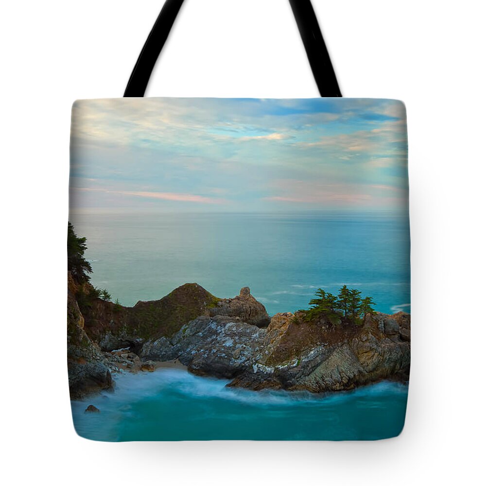 Coastline Tote Bag featuring the photograph McWay Falls At Sunrise by Jonathan Nguyen
