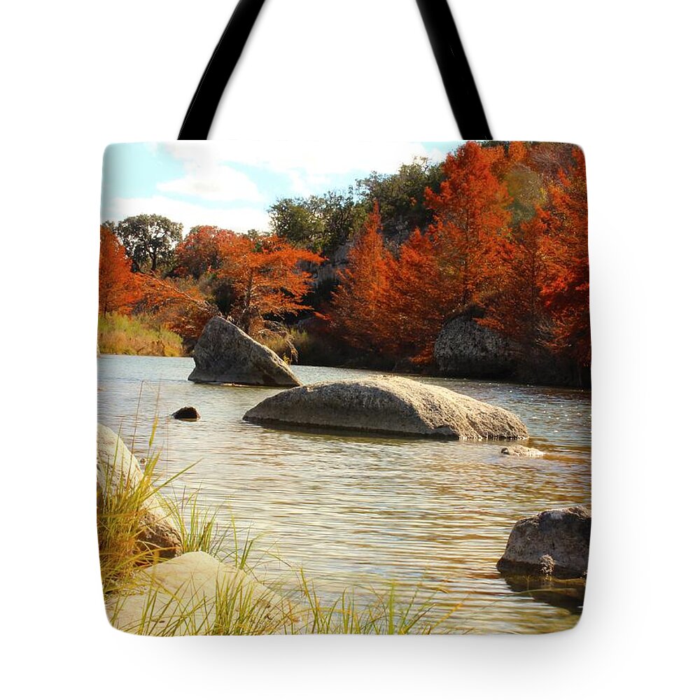 Michael Tidwell Photography Tote Bag featuring the photograph Fall Cypress at Bandera Falls on the Medina River by Michael Tidwell